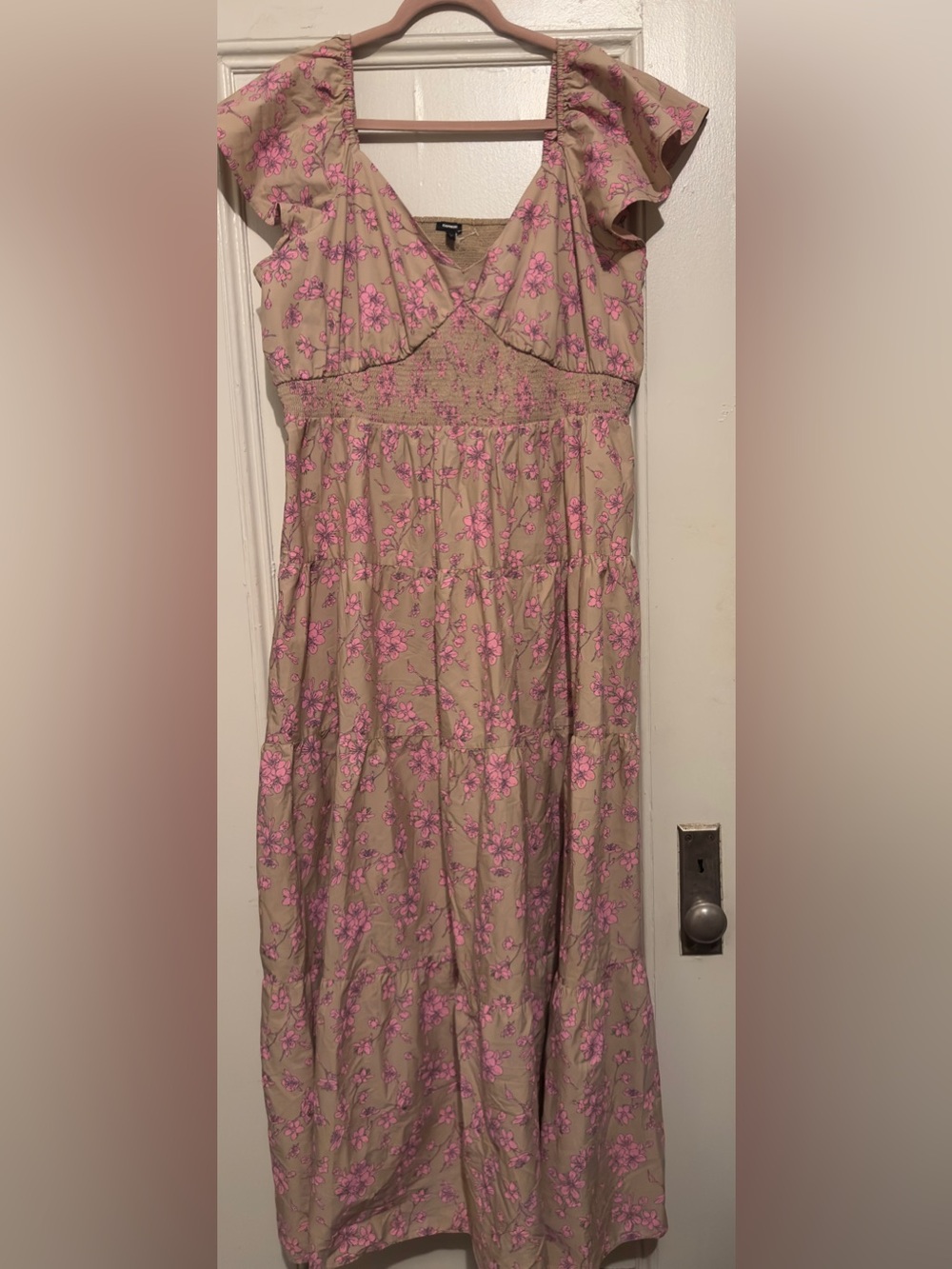 Like New Express Beige Maxi Dress with Pink Floral Print. Size XL. 50”L x 18.5”W